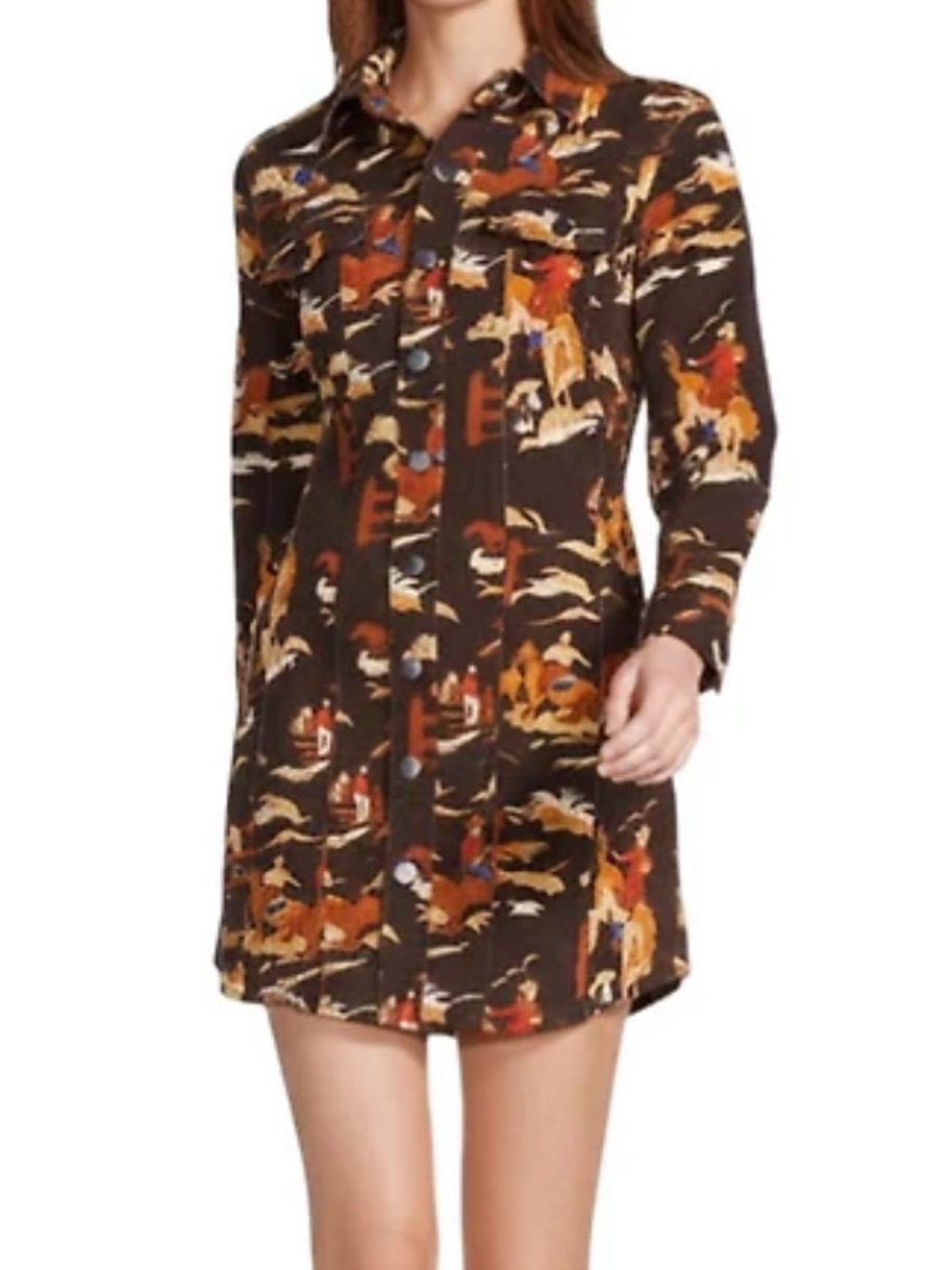Reba Rodeo Cowboy Print Point Collar Long Sleeve Shirt Dress Sz S